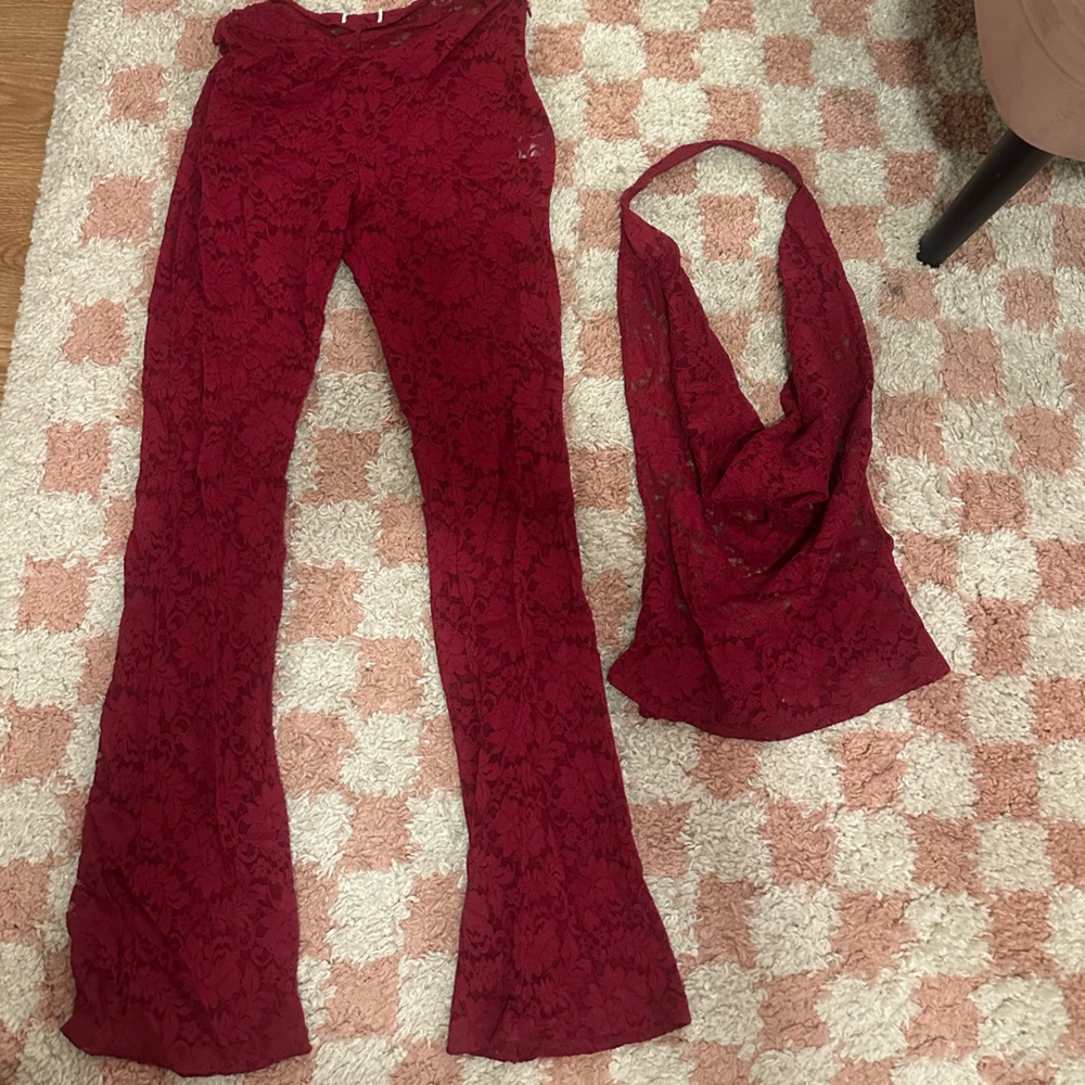 Superdown Lace Pant Set in Burgundy - size M